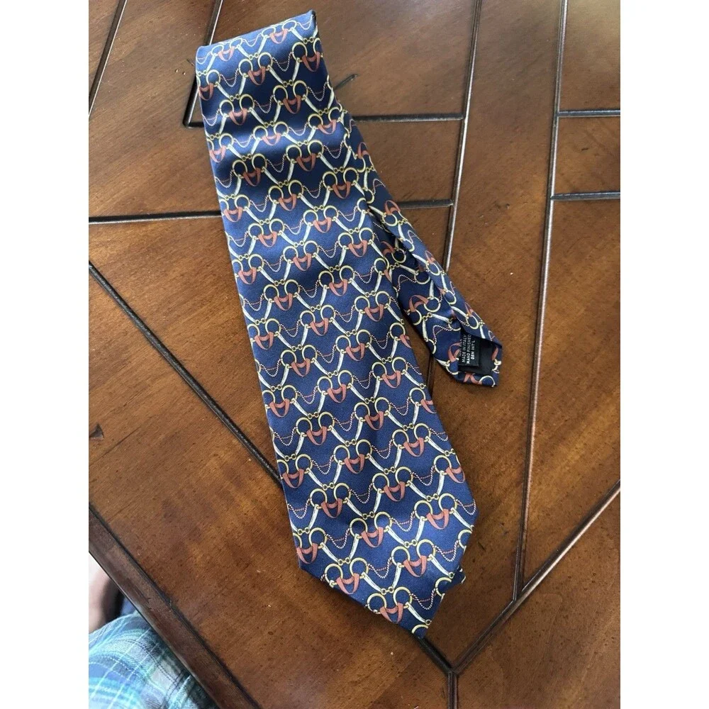 Vintage GUCCI Logo Interlocking Chain Full Length Men's Blue Silk Neck Tie Italy - Picture 5 of 7